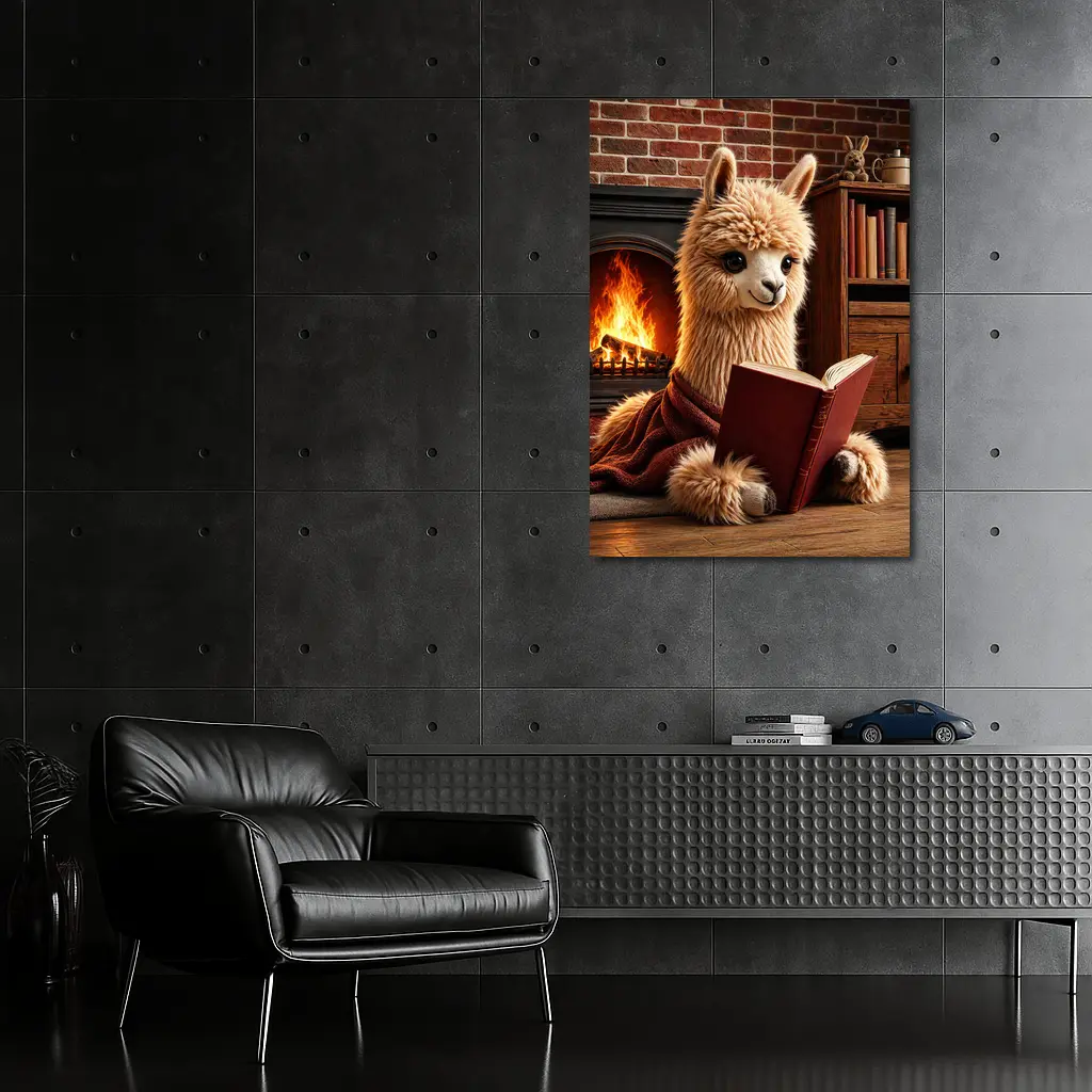 Alpaca Reading Book By Cozy Fireplace – Wall Art