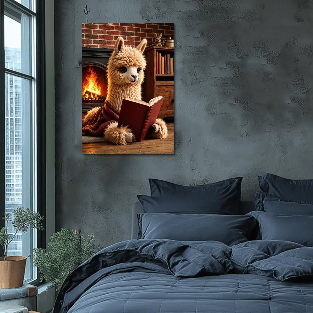 Alpaca Reading Book By Cozy Fireplace – Wall Art