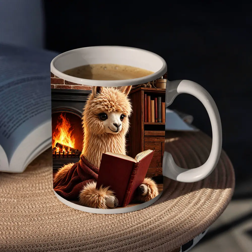 Alpaca Reading Book By Cozy Fireplace – Mugs