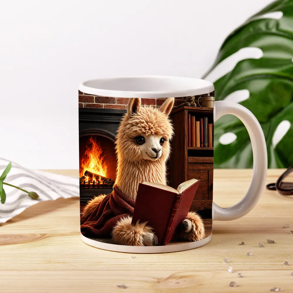 Alpaca Reading Book By Cozy Fireplace – Mugs
