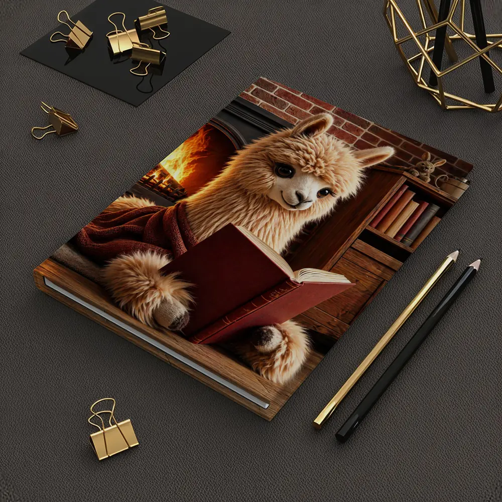 Alpaca Reading Book By Cozy Fireplace – Notebooks