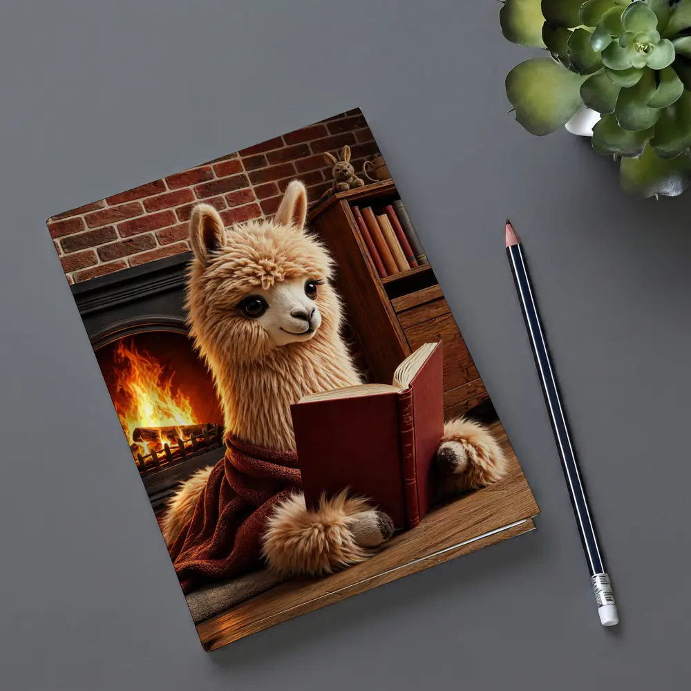 Alpaca Reading Book By Cozy Fireplace – Notebooks