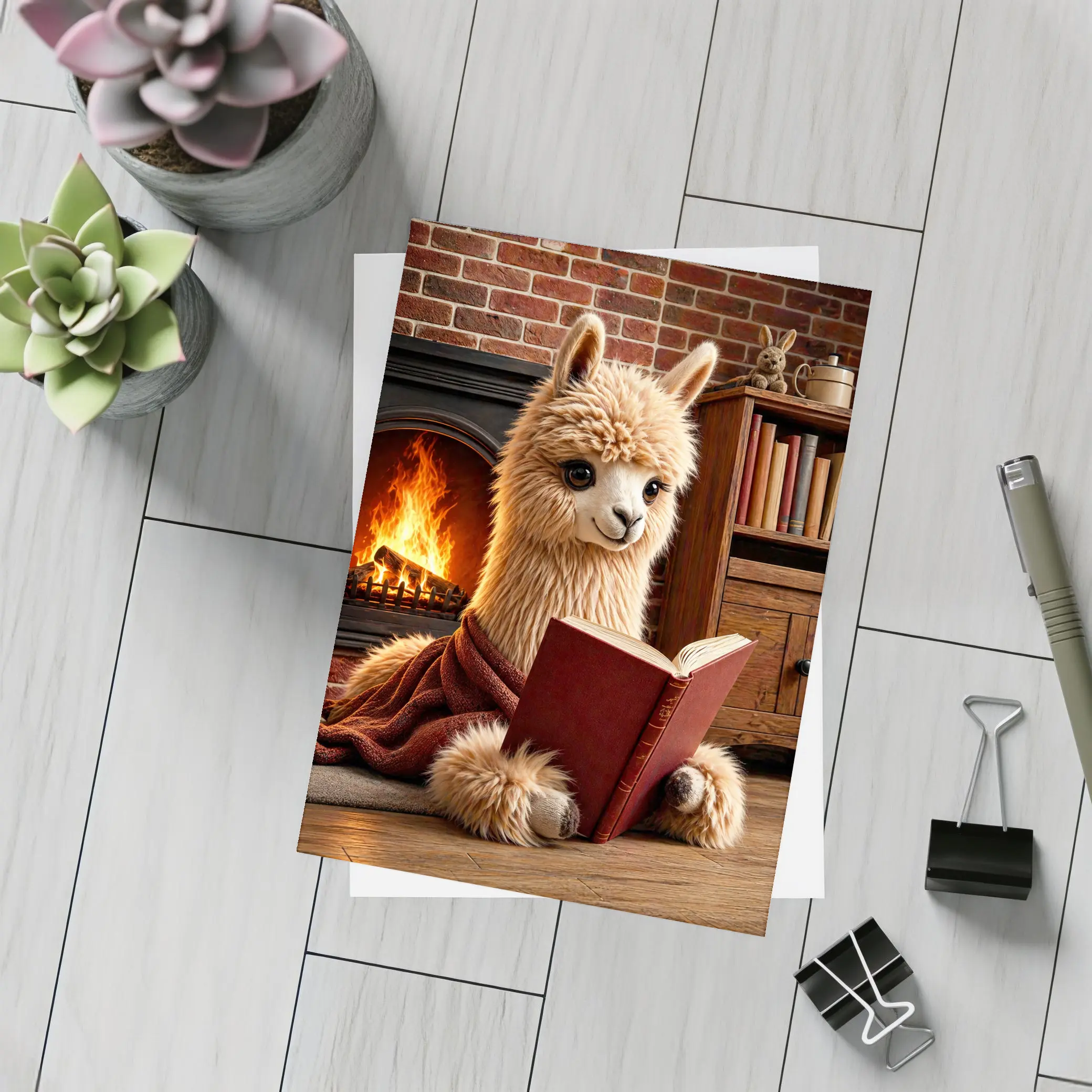 Alpaca Reading Book By Cozy Fireplace – Postcards