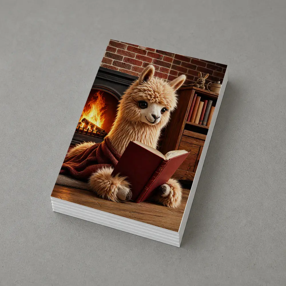 Alpaca Reading Book By Cozy Fireplace – Postcards
