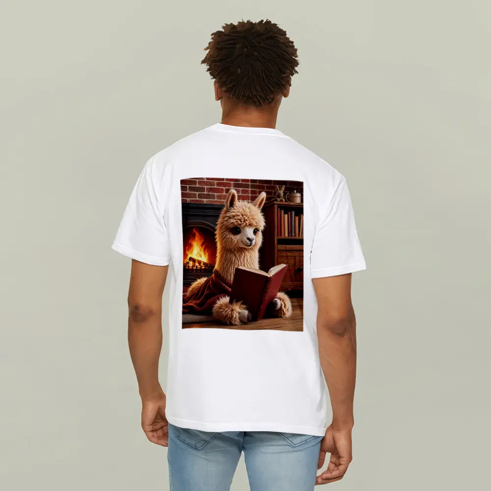 Alpaca Reading Book By Cozy Fireplace – T-Shirts