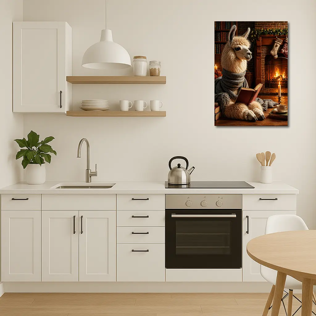 Llama Reading Book by Cozy Fireplace – Wall Art