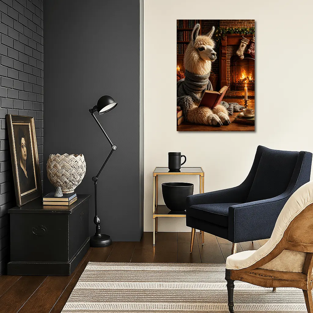 Llama Reading Book by Cozy Fireplace – Wall Art