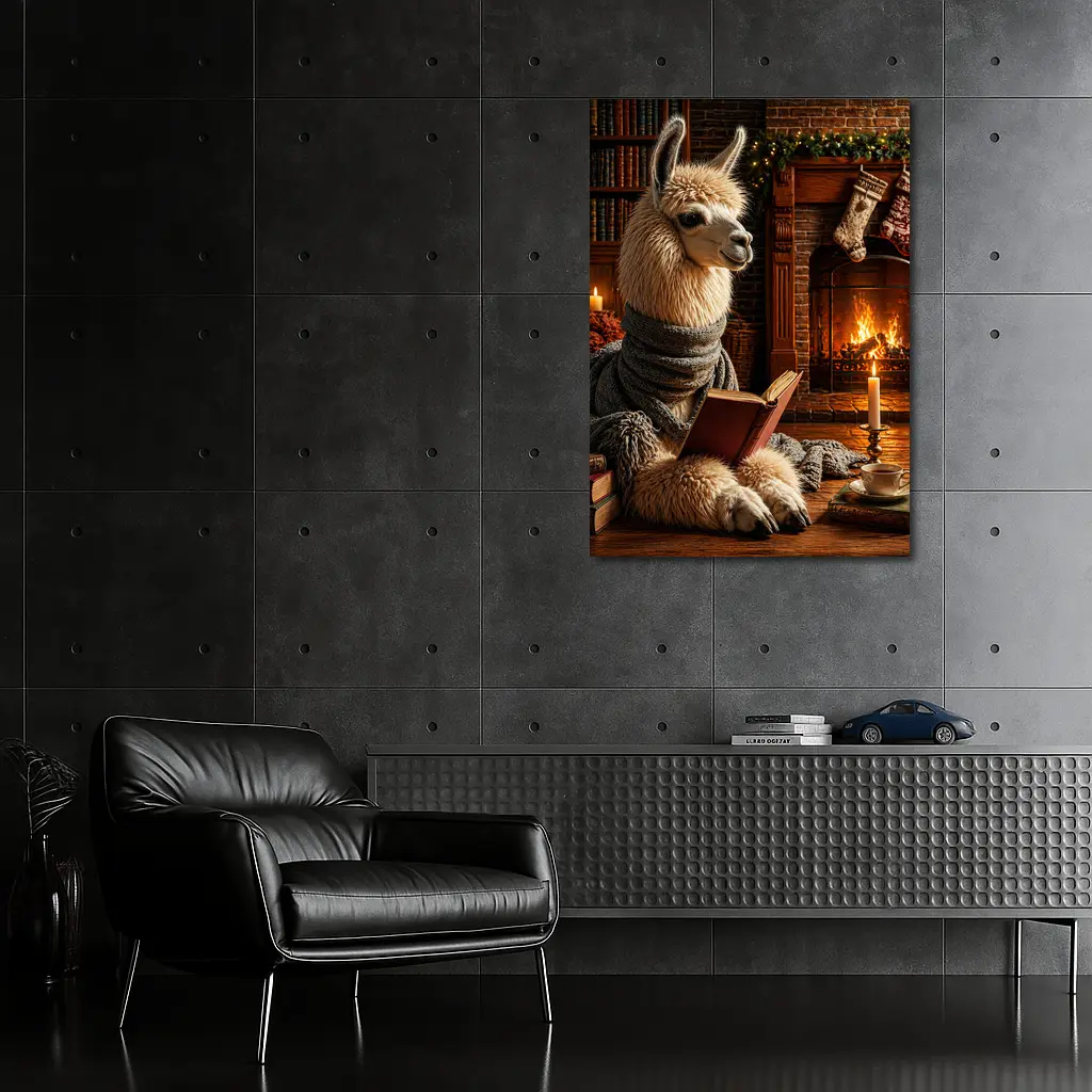 Llama Reading Book by Cozy Fireplace – Wall Art