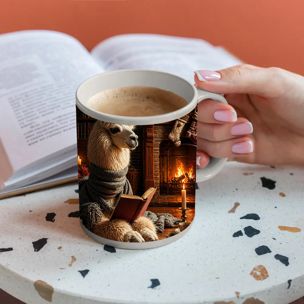 Llama Reading Book by Cozy Fireplace – Mugs