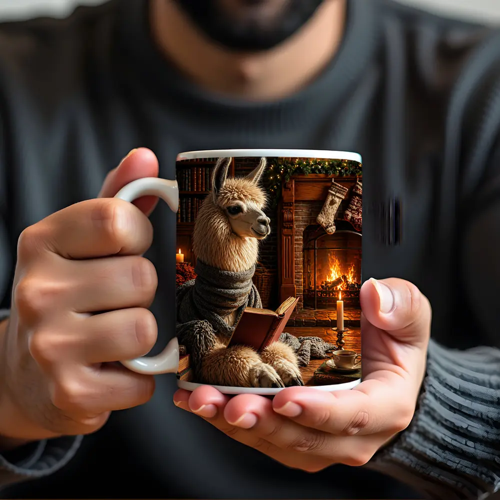 Llama Reading Book by Cozy Fireplace – Mugs