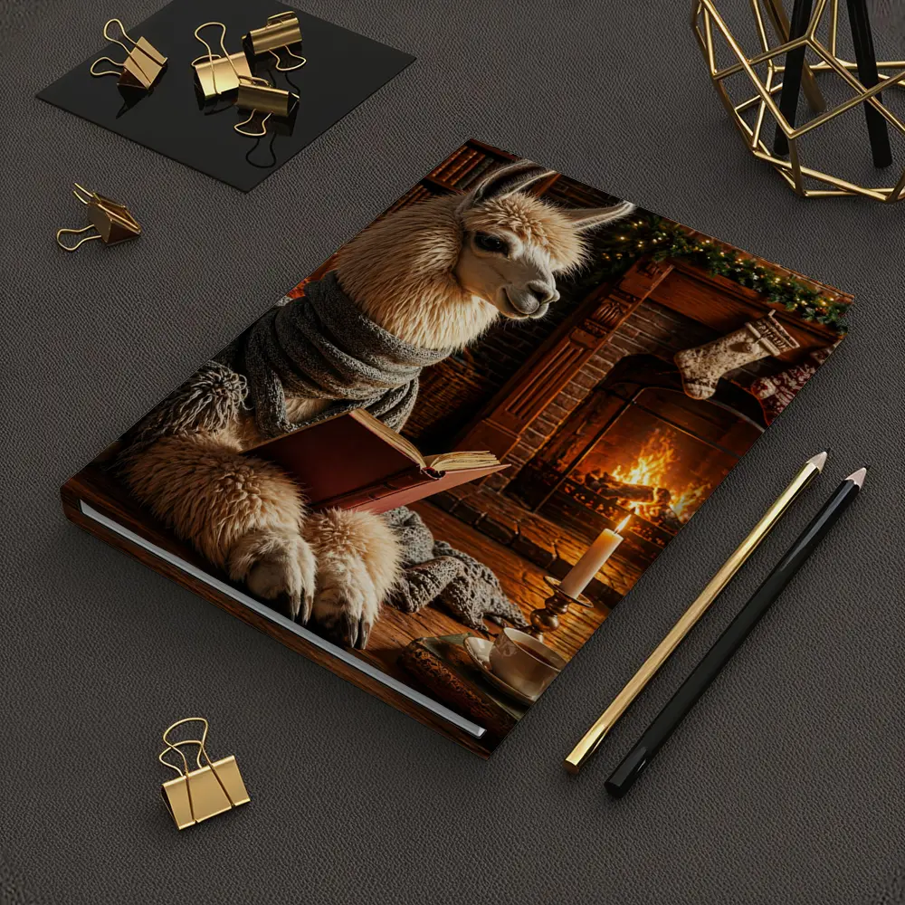 Llama Reading Book by Cozy Fireplace – Notebooks