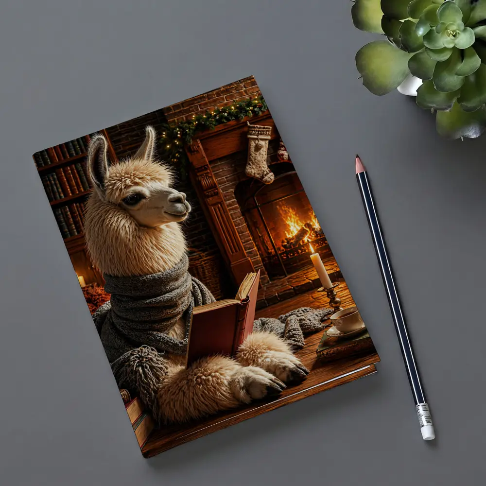 Llama Reading Book by Cozy Fireplace – Notebooks