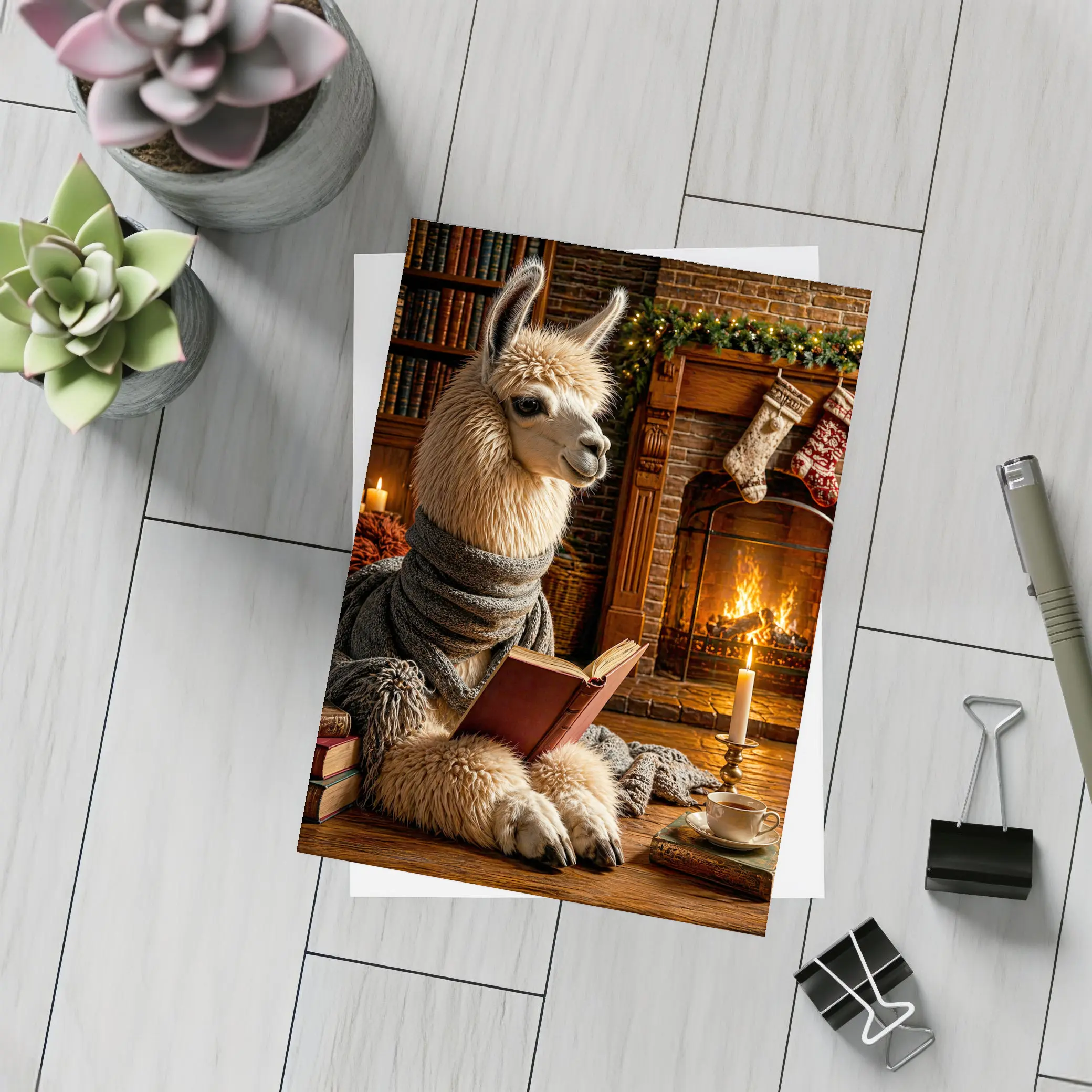 Llama Reading Book by Cozy Fireplace – Postcards