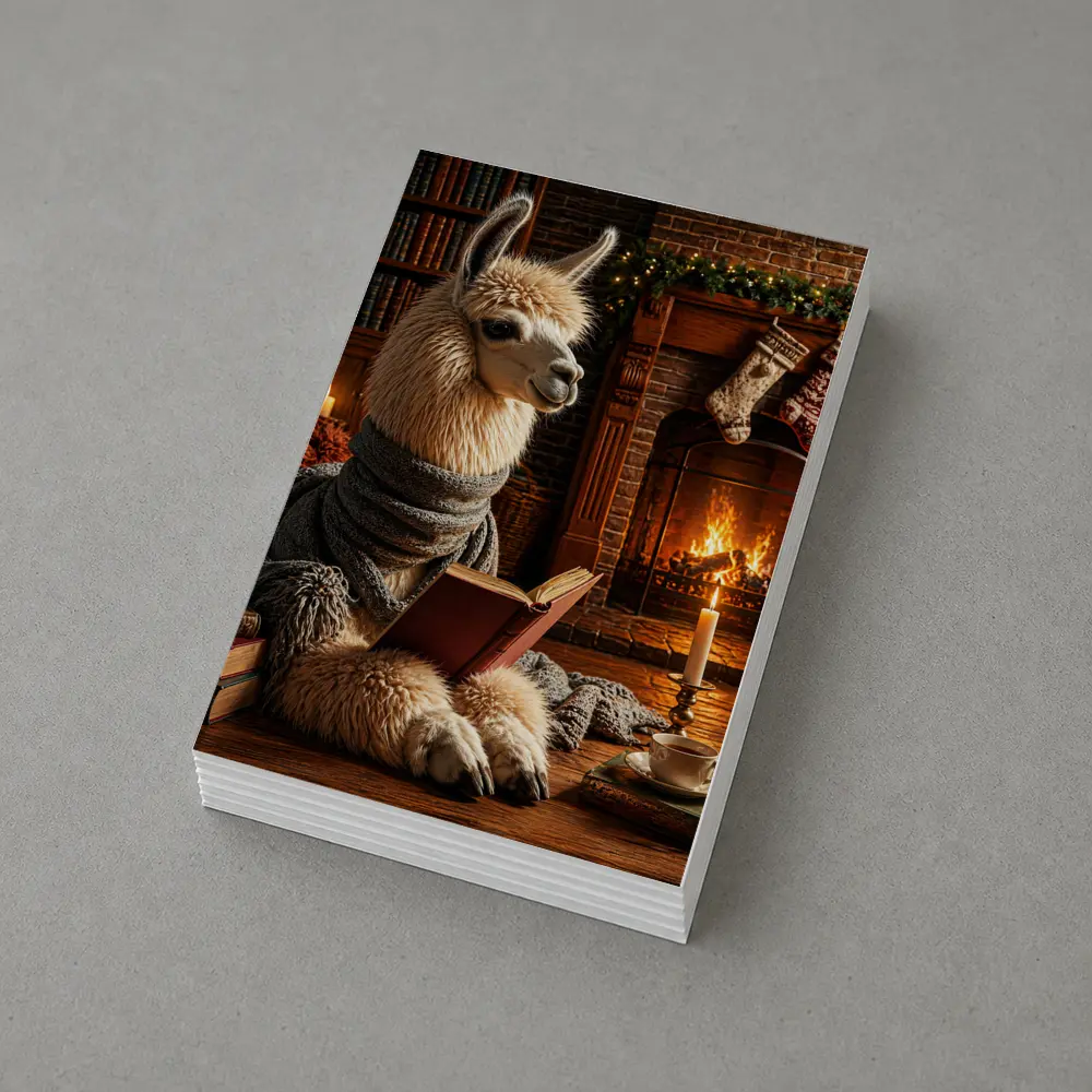 Llama Reading Book by Cozy Fireplace – Postcards