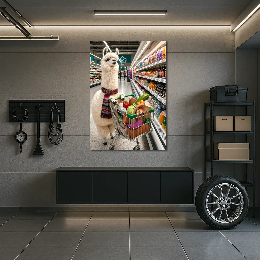 Llama With Scarf Grocery Shopping Supermarket – Wall Art