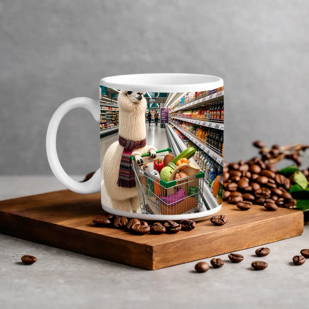 Llama With Scarf Grocery Shopping Supermarket – Mugs