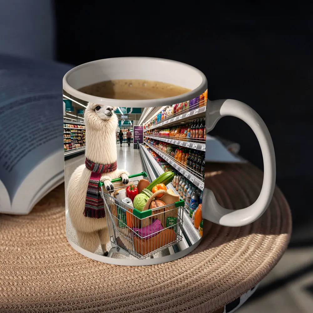 Llama With Scarf Grocery Shopping Supermarket – Mugs
