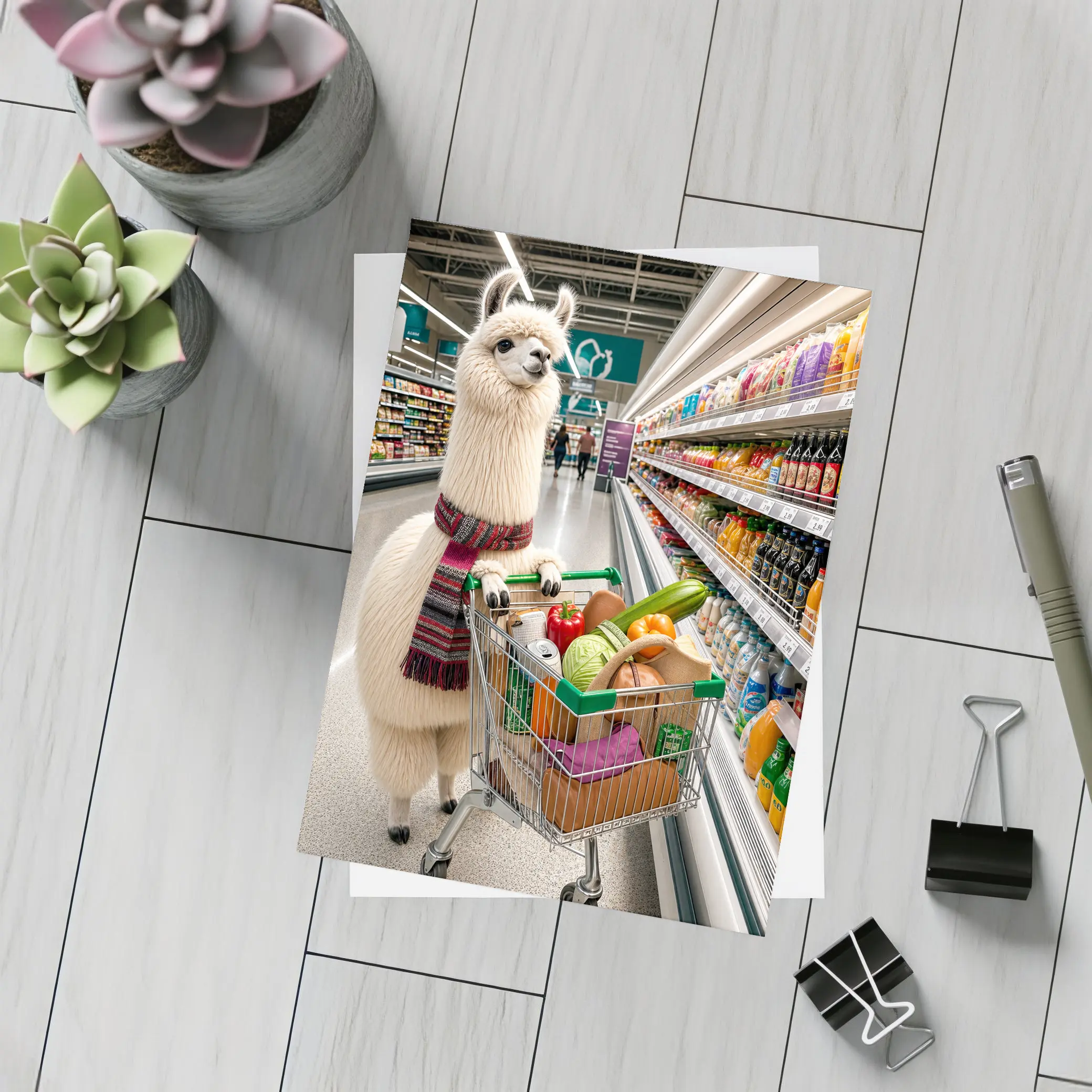Llama With Scarf Grocery Shopping Supermarket – Postcards
