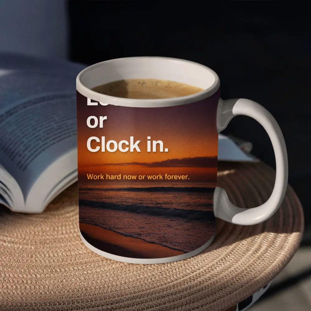 Lock In or Clock In Sunset Beach Quote – Mugs