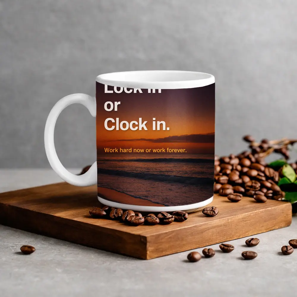 Lock In or Clock In Sunset Beach Quote – Mugs
