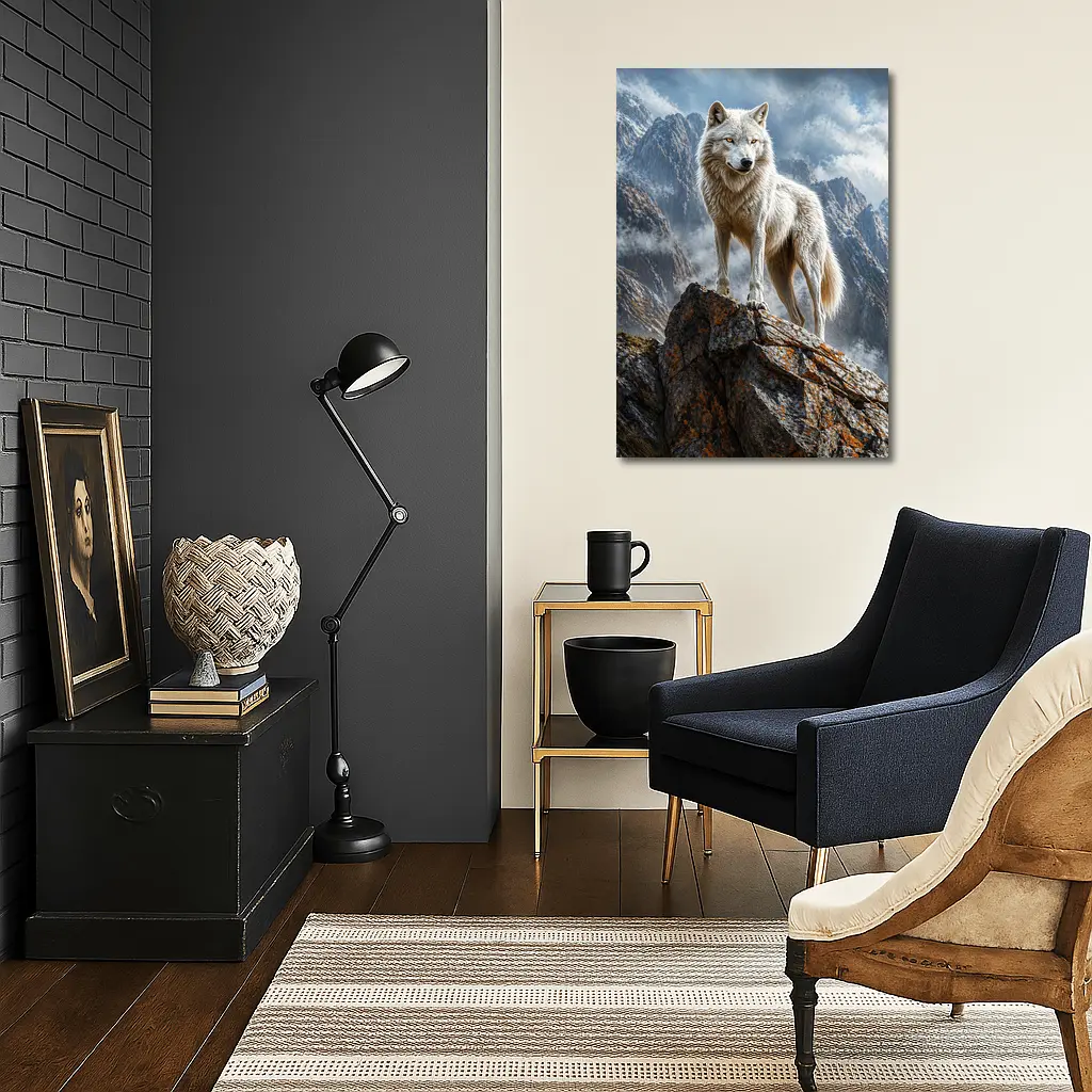 White Wolf Standing On Rocky Mountain Peak – Wall Art