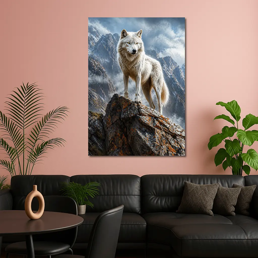 White Wolf Standing On Rocky Mountain Peak – Wall Art
