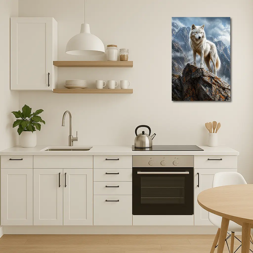 White Wolf Standing On Rocky Mountain Peak – Wall Art