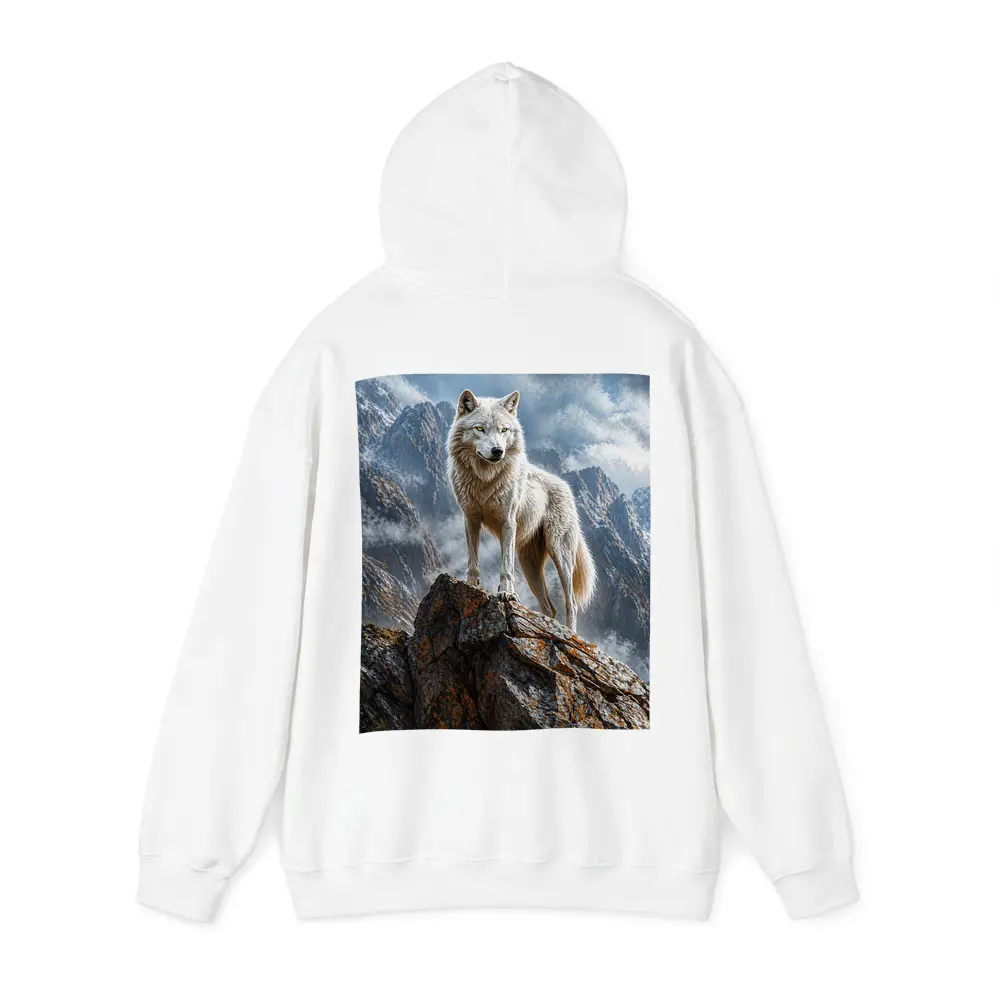 White Wolf Standing On Rocky Mountain Peak – Hoodies