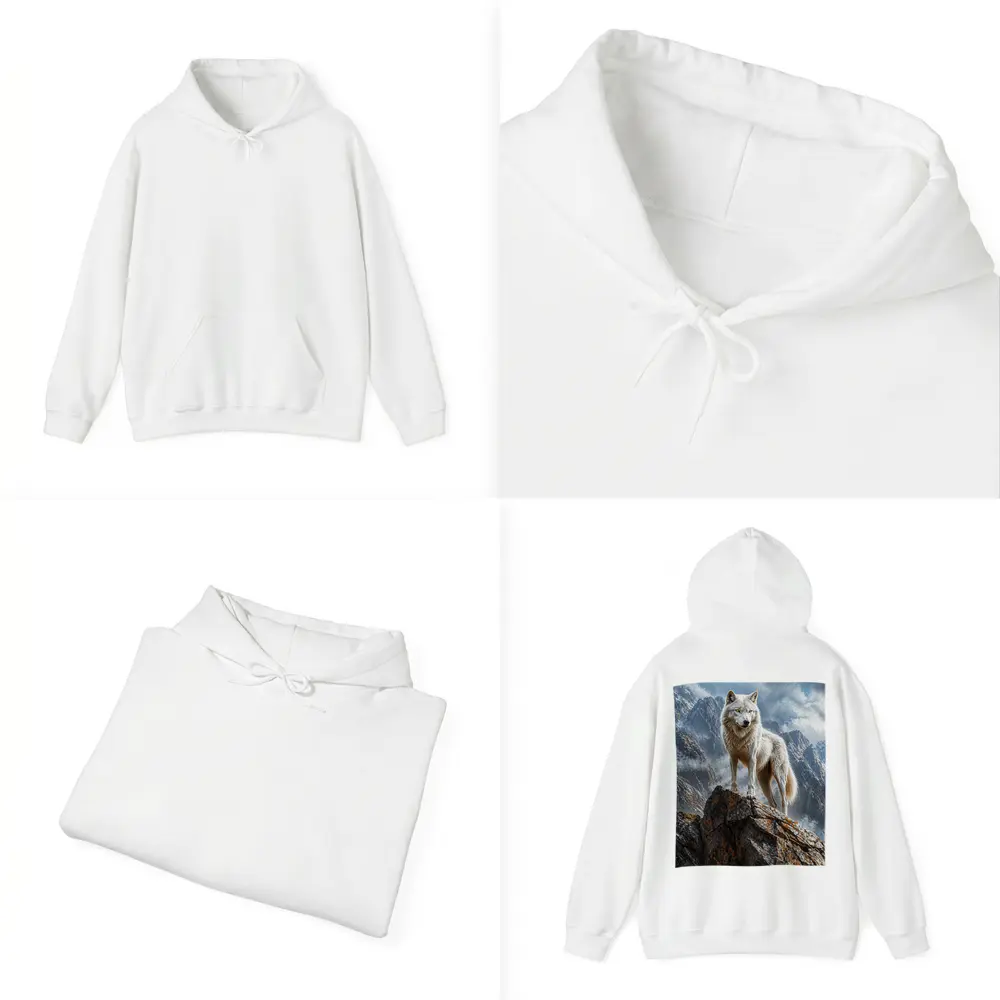White Wolf Standing On Rocky Mountain Peak – Hoodies
