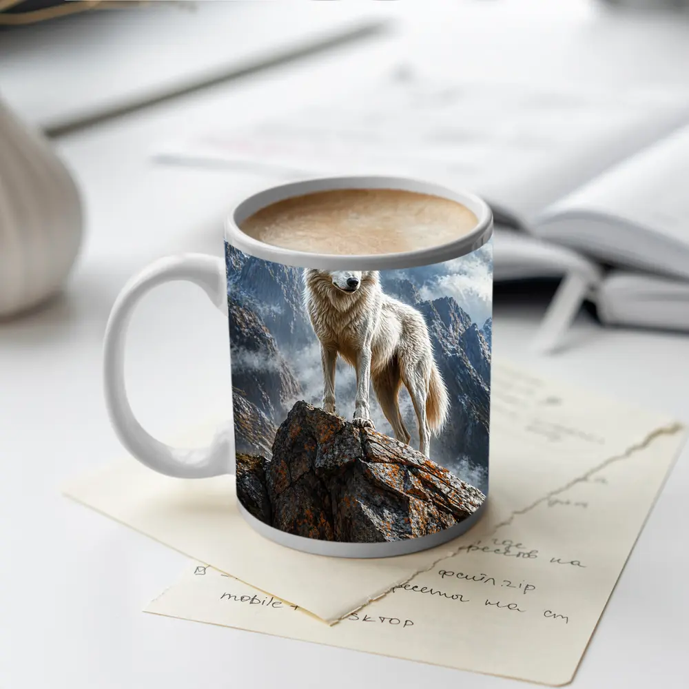 White Wolf Standing On Rocky Mountain Peak – Mugs