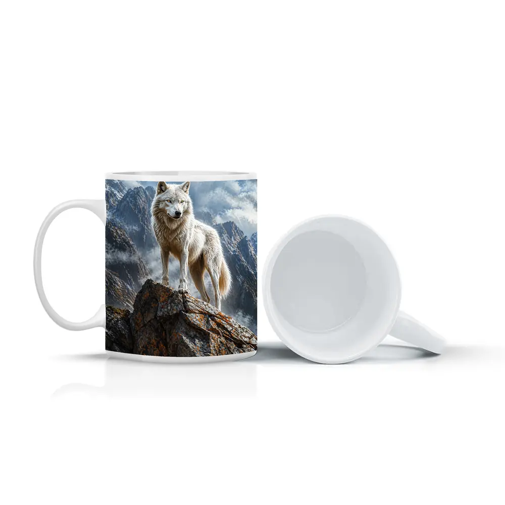 White Wolf Standing On Rocky Mountain Peak – Mugs