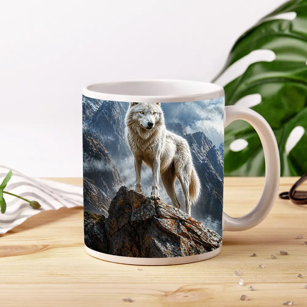 White Wolf Standing On Rocky Mountain Peak – Mugs