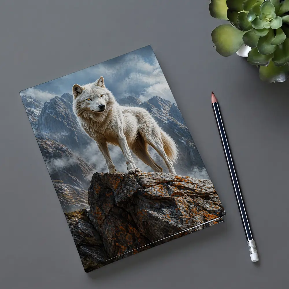 White Wolf Standing On Rocky Mountain Peak – Notebooks