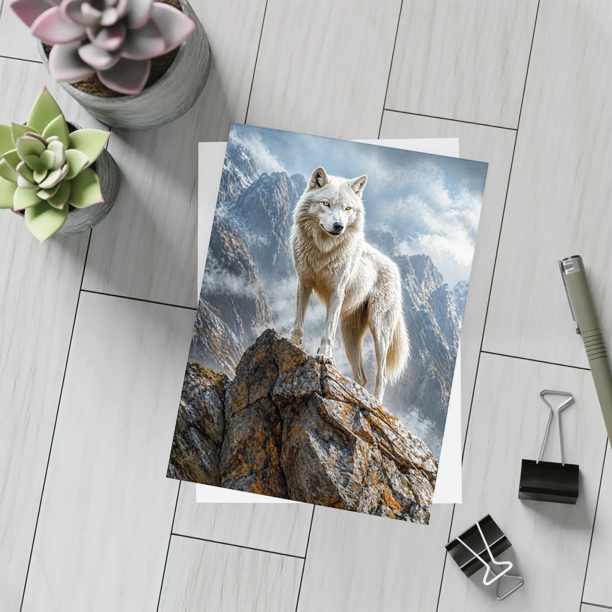 White Wolf Standing On Rocky Mountain Peak – Postcards