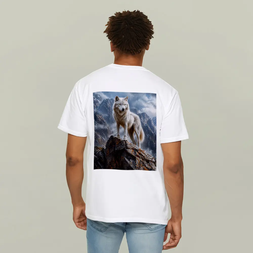 White Wolf Standing On Rocky Mountain Peak – T-Shirts