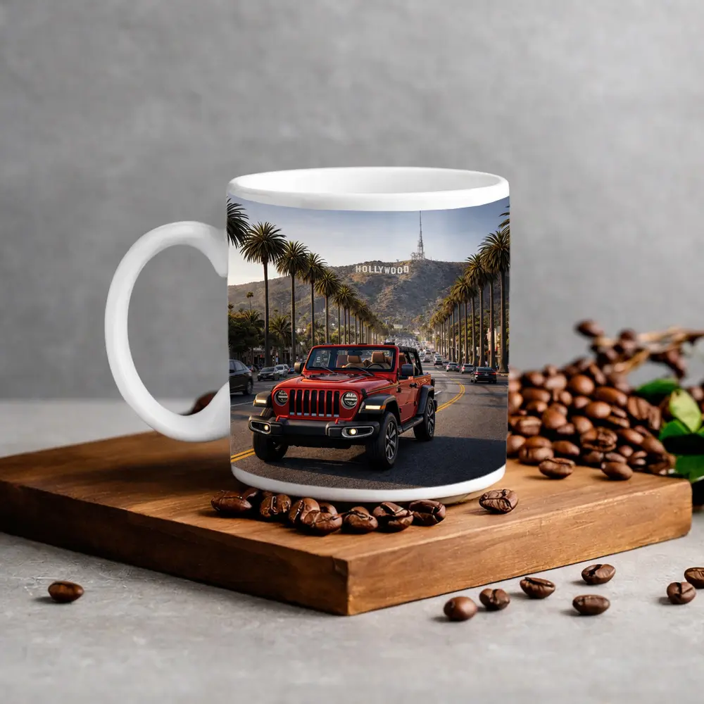Red Jeep Wrangler Hollywood Los Angeles Street – Mugs