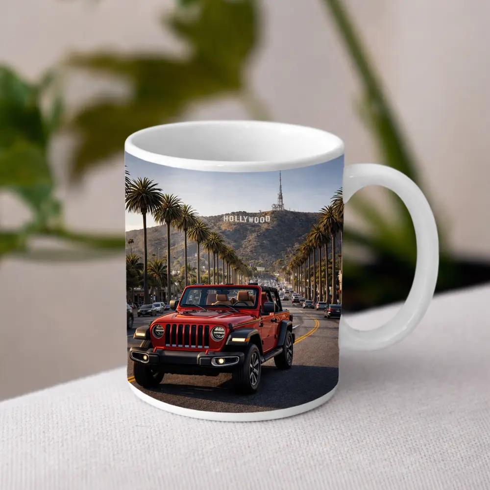 Red Jeep Wrangler Hollywood Los Angeles Street – Mugs