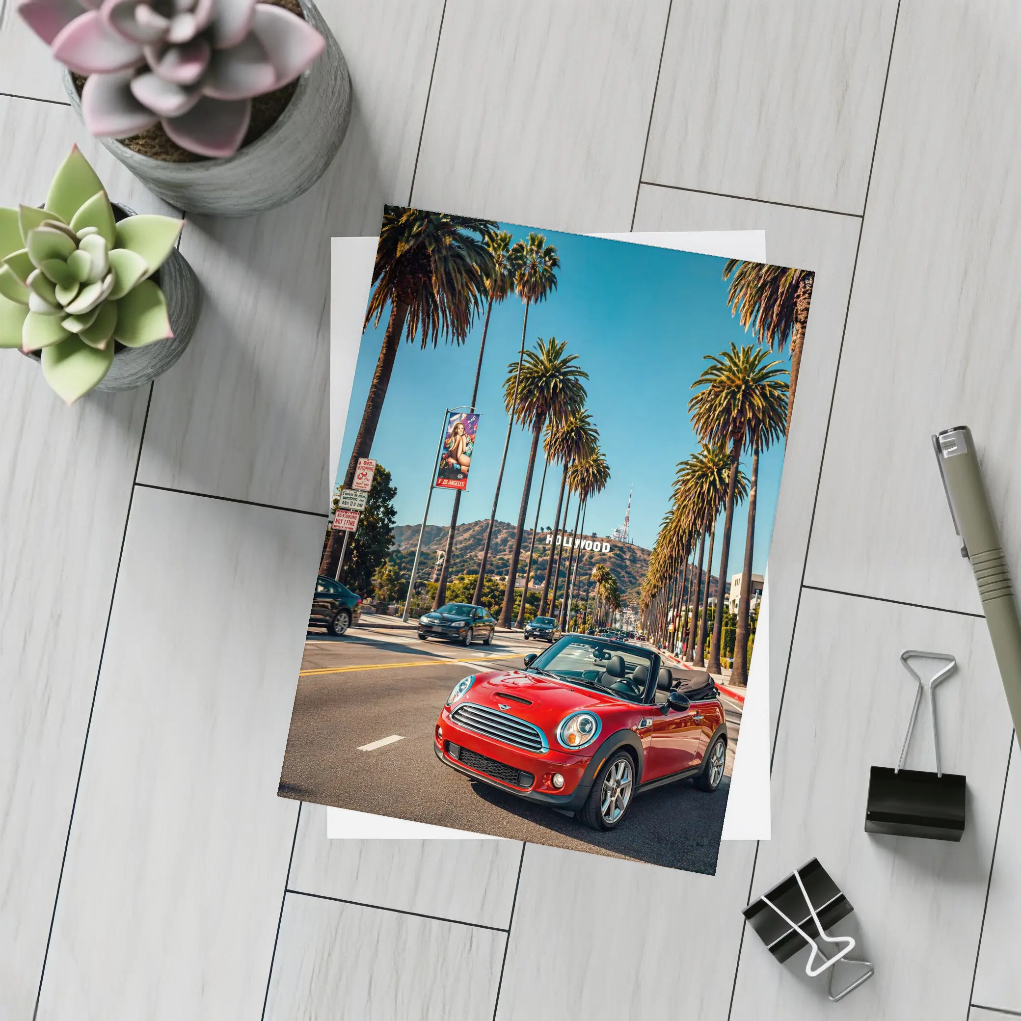 Red Mini Cooper Convertible Hollywood Los Angeles – Postcards