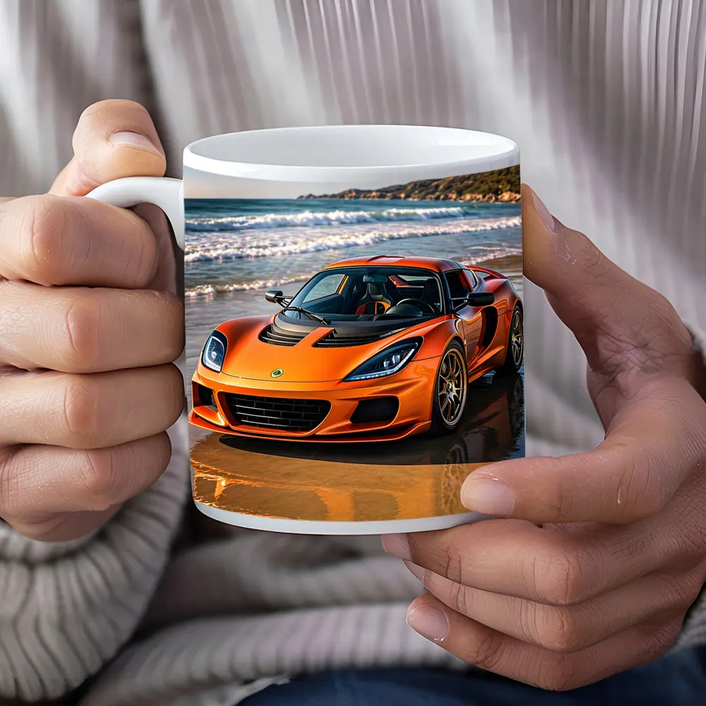 Lotus Elise Orange Sports Car Beach Setting – Mugs