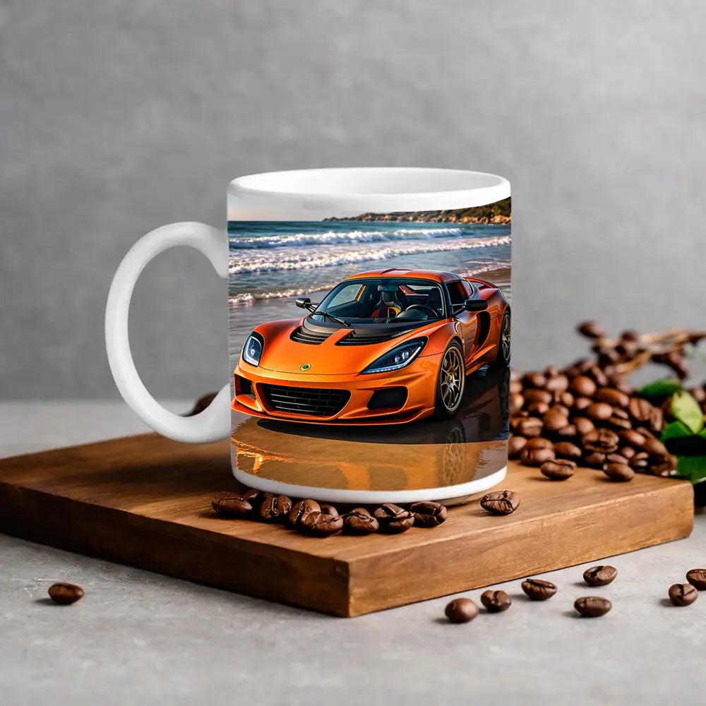 Lotus Elise Orange Sports Car Beach Setting – Mugs