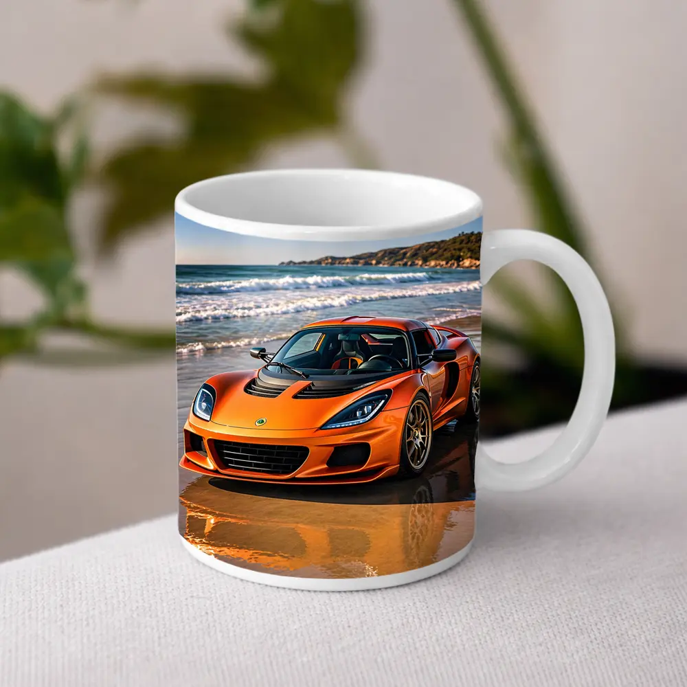 Lotus Elise Orange Sports Car Beach Setting – Mugs