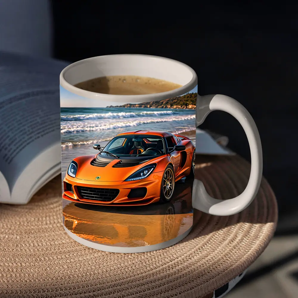Lotus Elise Orange Sports Car Beach Setting – Mugs