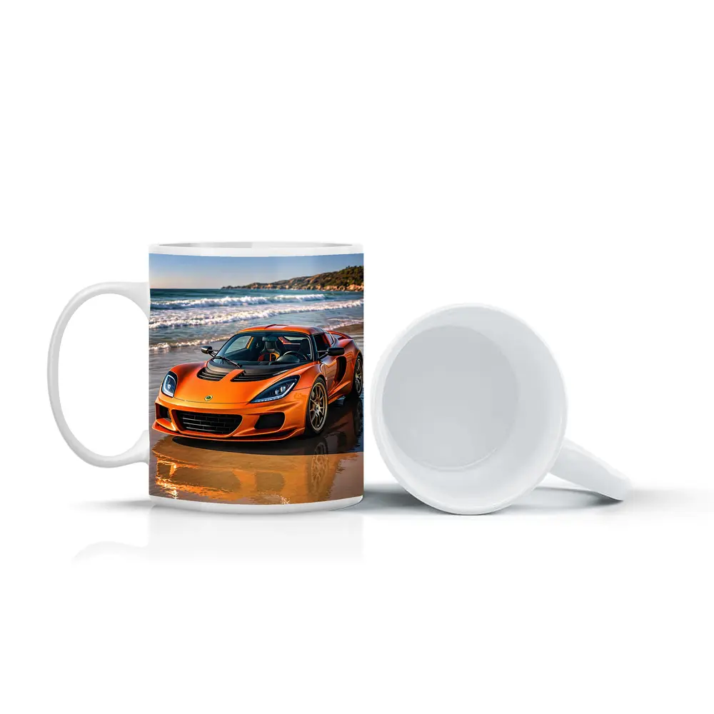 Lotus Elise Orange Sports Car Beach Setting – Mugs