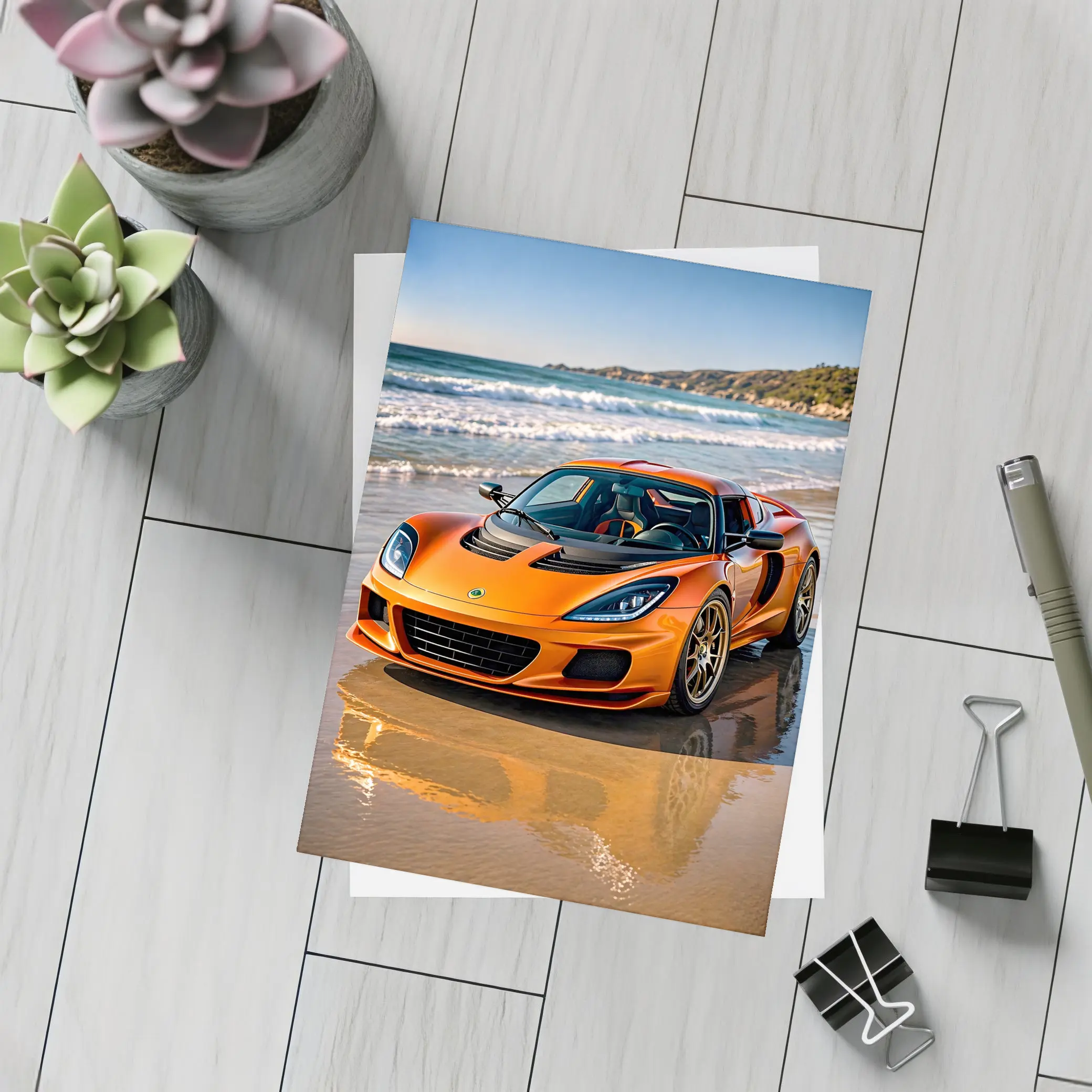 Lotus Elise Orange Sports Car Beach Setting – Postcards