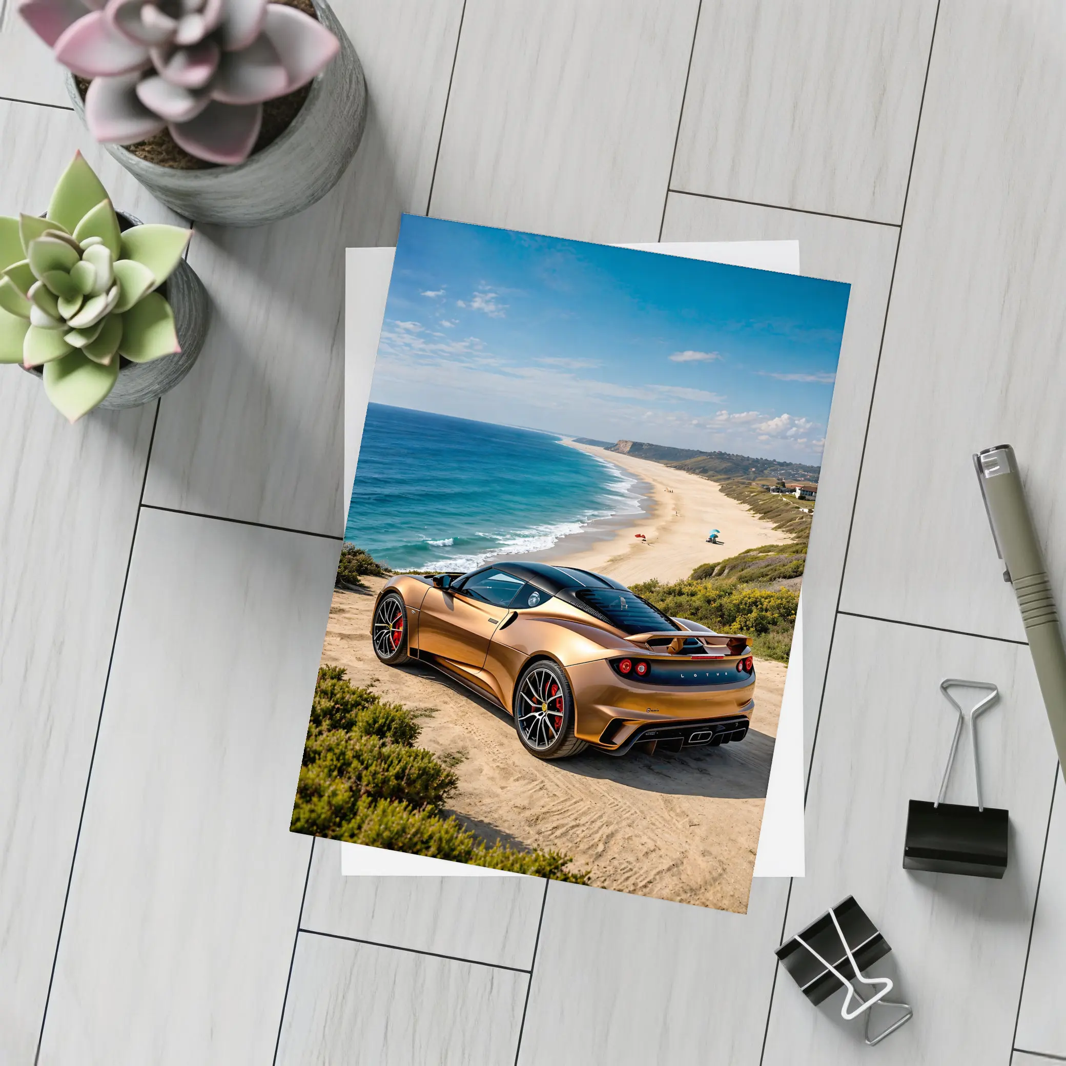 Lotus Emira Bronze Coupe Coastal Beach View – Postcards