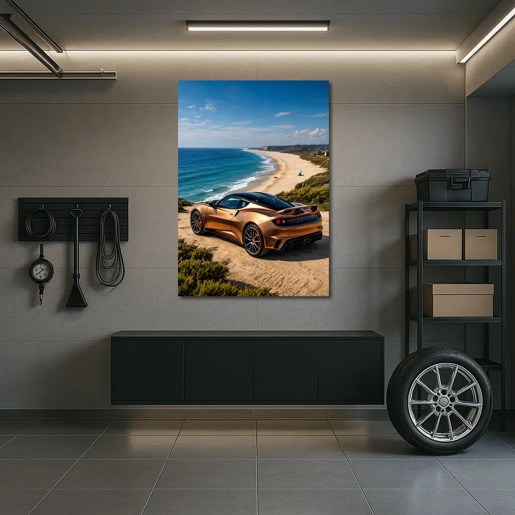 Lotus Emira Bronze Coupe Coastal Beach View – Wall Art