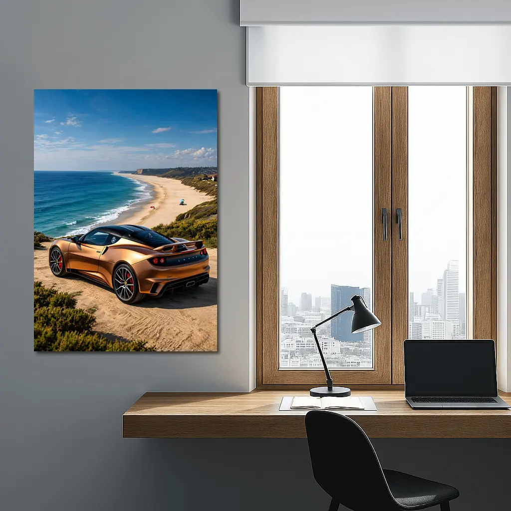 Lotus Emira Bronze Coupe Coastal Beach View – Wall Art