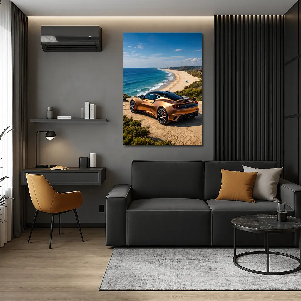 Lotus Emira Bronze Coupe Coastal Beach View – Wall Art