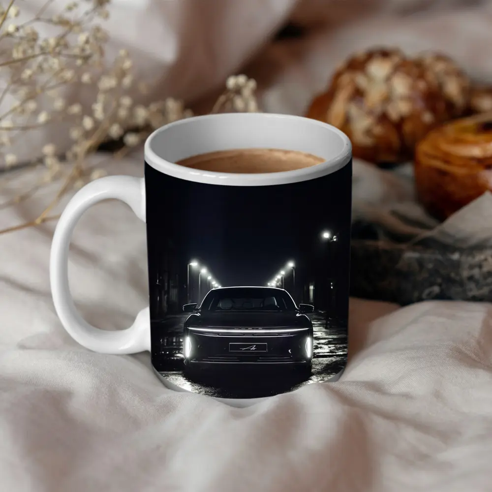 Lucid Air Rear View Dark Rainy Street – Mugs