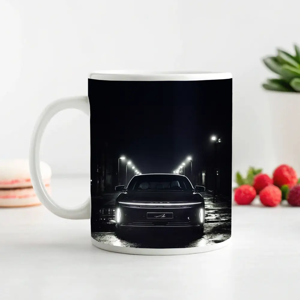 Lucid Air Rear View Dark Rainy Street – Mugs